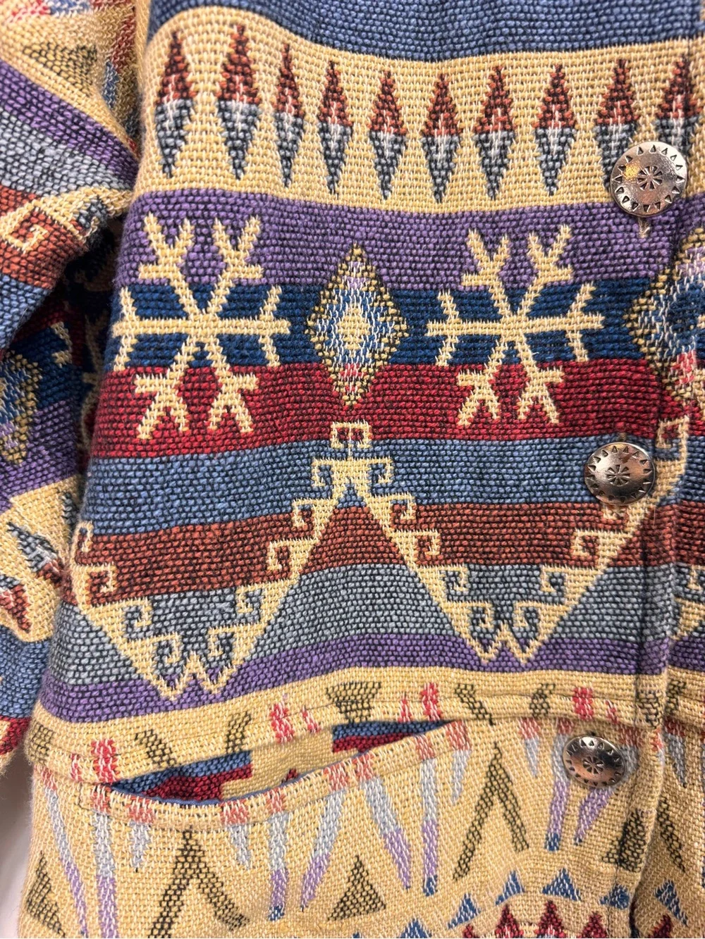 Aztec Southwestern Size Medium Tapestry Jacket Silver Metal Buttons Fringe Hem